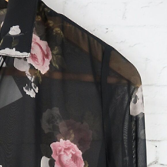 DIVIDED H&M BLACK SHEER LONG SLEEVE ASYMETRICAL PINK ROSE SCULL TOP SIZE 2 NWT - Picture 6 of 8